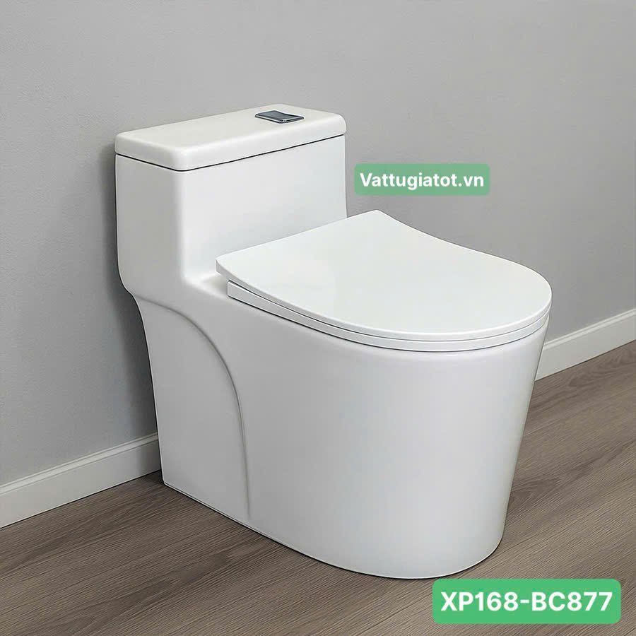 Bồn Cầu 1 Khối Thân Lùn Nút Xả Lệch XP168-BC877 Bồn cầu 1 khối thân lùn nút xả lệch men sứ trắng phủ nano XP168-BC877.