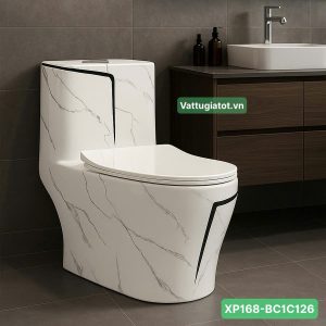 Bồn cầu 1 khối màu trắng vân đá đen men sứ nano XP168-BC1C127.
