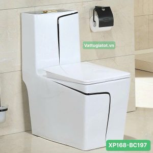 Bồn Cầu 1 Khối Trắng Viền Đen Vuông Cao Cấp MTBC-197