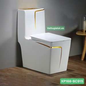 Bồn Cầu 1 Khối Trắng Viền Vàng Vuông XP168-BC915
