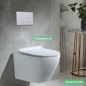 Bồn cầu treo tường trắng cao cấp XP168-BC139T, sứ phủ nano, xả mạnh tiết kiệm nước, thiết kế hiện đại, bảo hành sứ 20 năm, phụ kiện 5 năm.