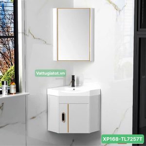 Tủ góc lavabo nhôm cao cấp trắng viền vàng XP168-TL7527T thiết kế gọn gàng, kèm tủ gương, phù hợp phòng tắm nhỏ.