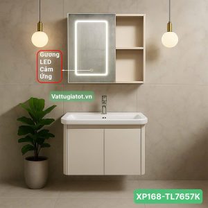 Tủ lavabo nhà tắm nhôm gương đèn LED cảm ứng màu kem XP168-TL7657K thiết kế hiện đại, sang trọng, tiện nghi.