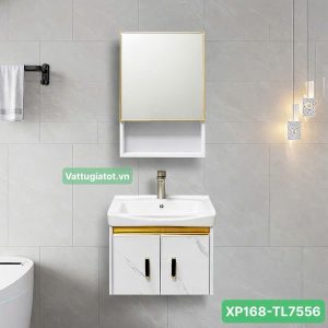 Tủ lavabo nhôm trắng viền vàng 50cm XP168-TL7556 thiết kế sang trọng, gương hộp tiện lợi, phù hợp phòng tắm hiện đại.