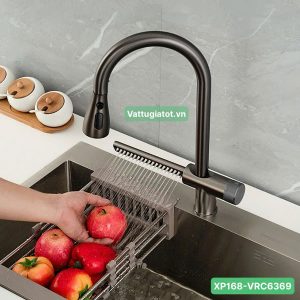 Vòi rửa chén nóng lạnh inox 304 kèm vòi thác nước XP168-VRC6369, sơn tĩnh điện xám, cao 42cm, bền đẹp, bảo hành 1 năm, giá ưu đãi