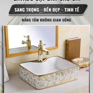 Lavabo Đặt Bàn Vuông Hoa Văn Vàng XP168-LV10