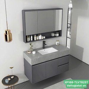 Tủ lavabo mặt đá phiến gương thường 80cm XP168-TLV7825T màu xám, tủ nhựa PVC cao cấp, tích hợp chậu rửa và gương treo tường.
